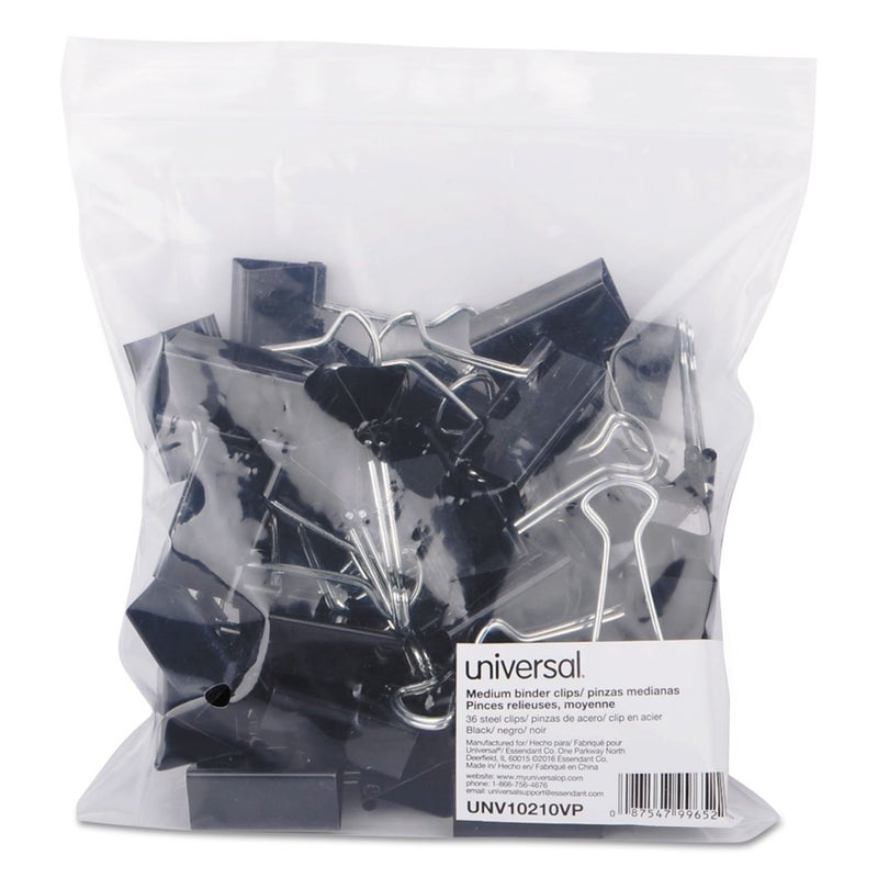 Universal UNV10210VP Binder Clips in Zip-Seal Bag - Medium, Black/Silver (36/Pack) - Image 1